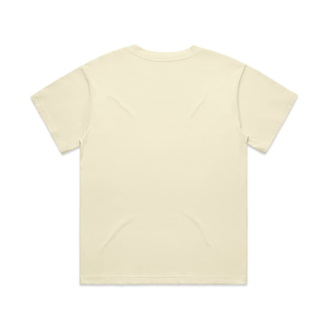 A plain, light yellow t-shirt displayed flat, with short sleeves and no visible design on the back. It features a logo.