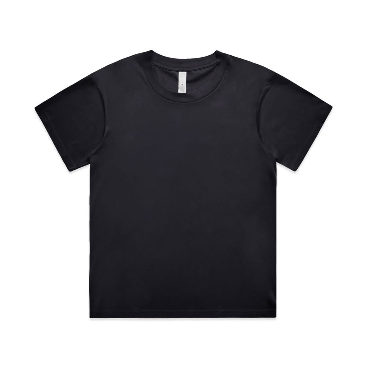 A black t-shirt with a round neck and short sleeves, featuring a logo on the label.
