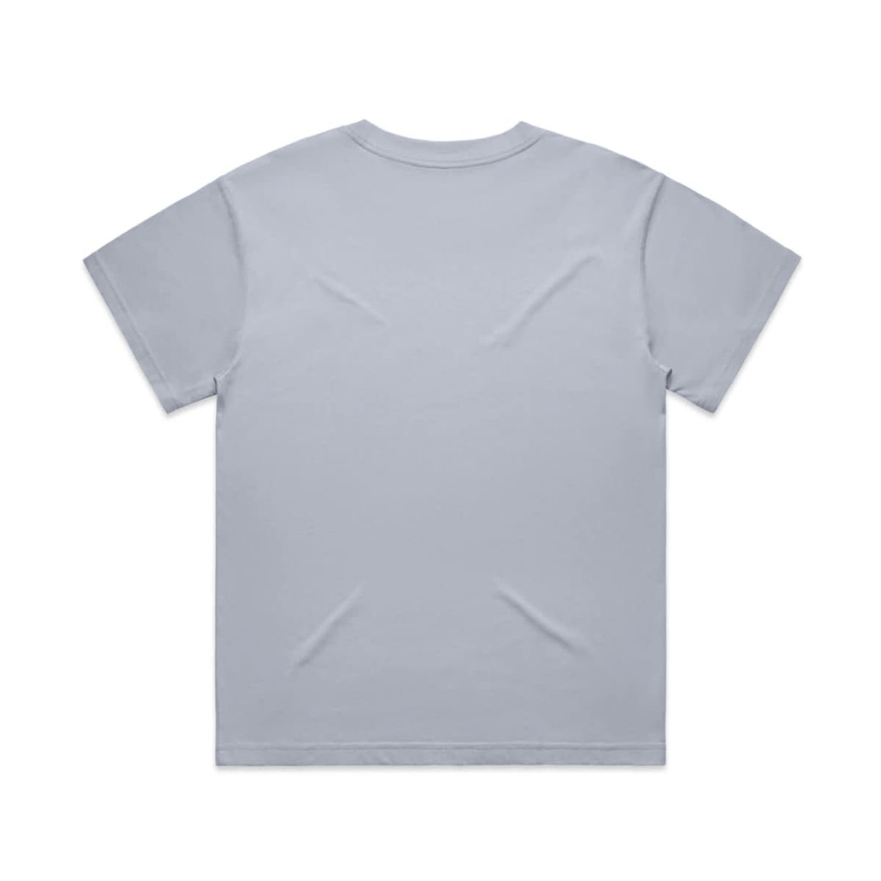 A light grey T-shirt featuring a crew neck and short sleeves, displaying a smooth back design.