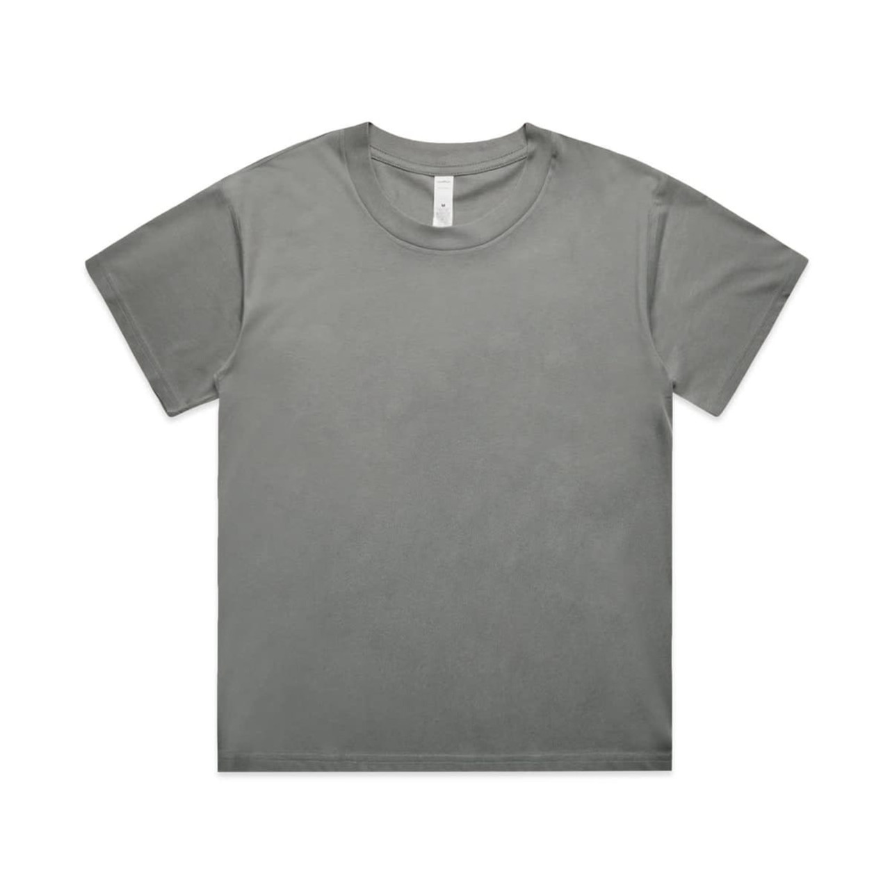 A grey T-shirt featuring a round neckline and short sleeves. The shirt includes a label inside and has a plain design.