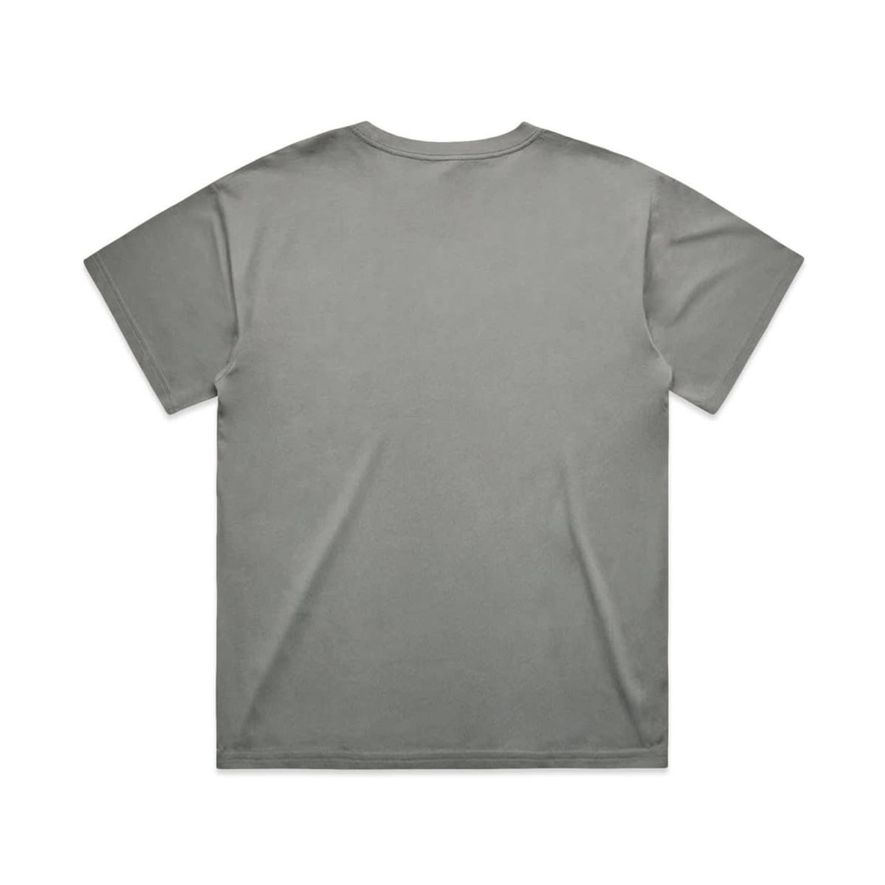 A grey T-shirt with a plain back and short sleeves. The fabric appears soft and smooth. It features a logo.