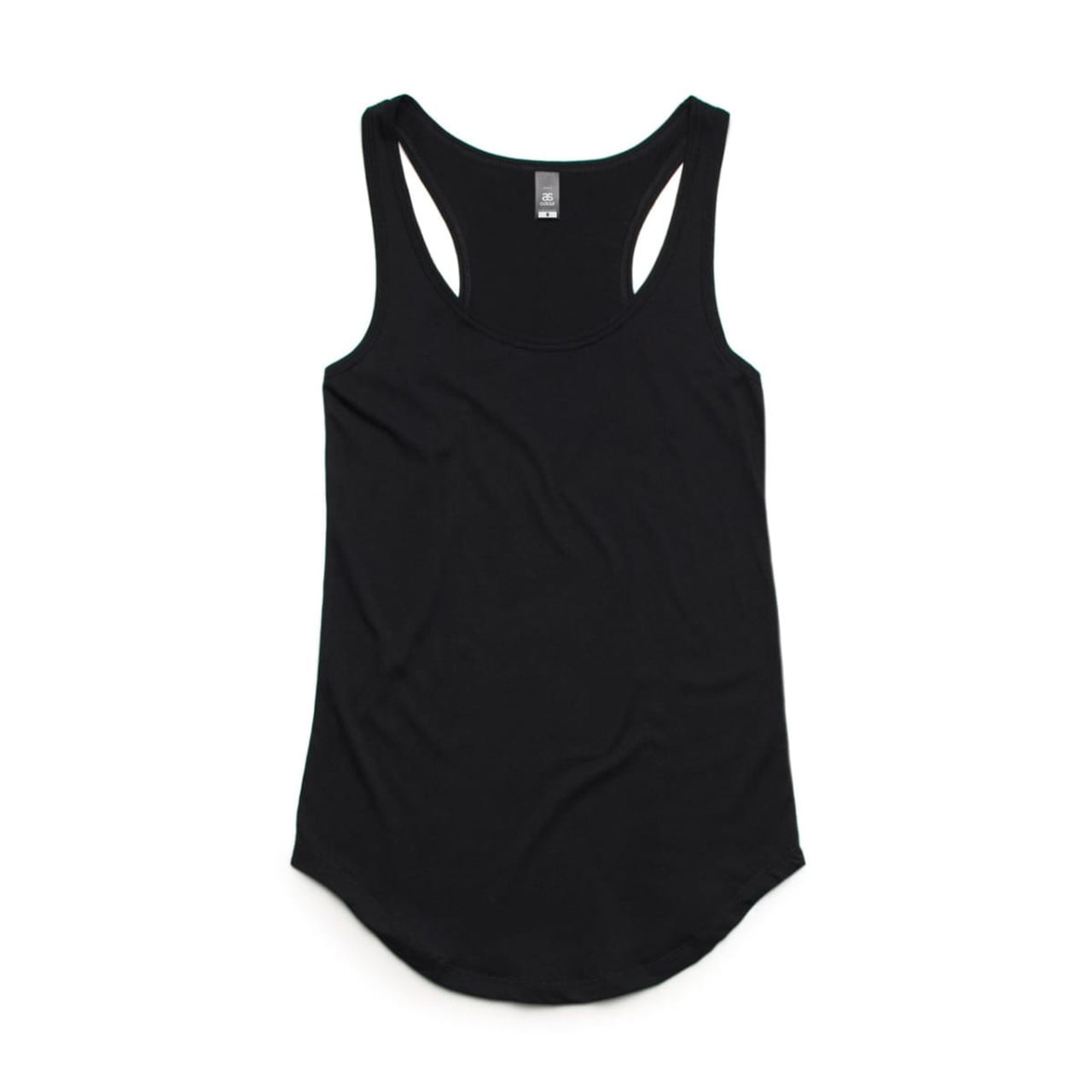 A black racerback tank top featuring a curved hem and logo branding.