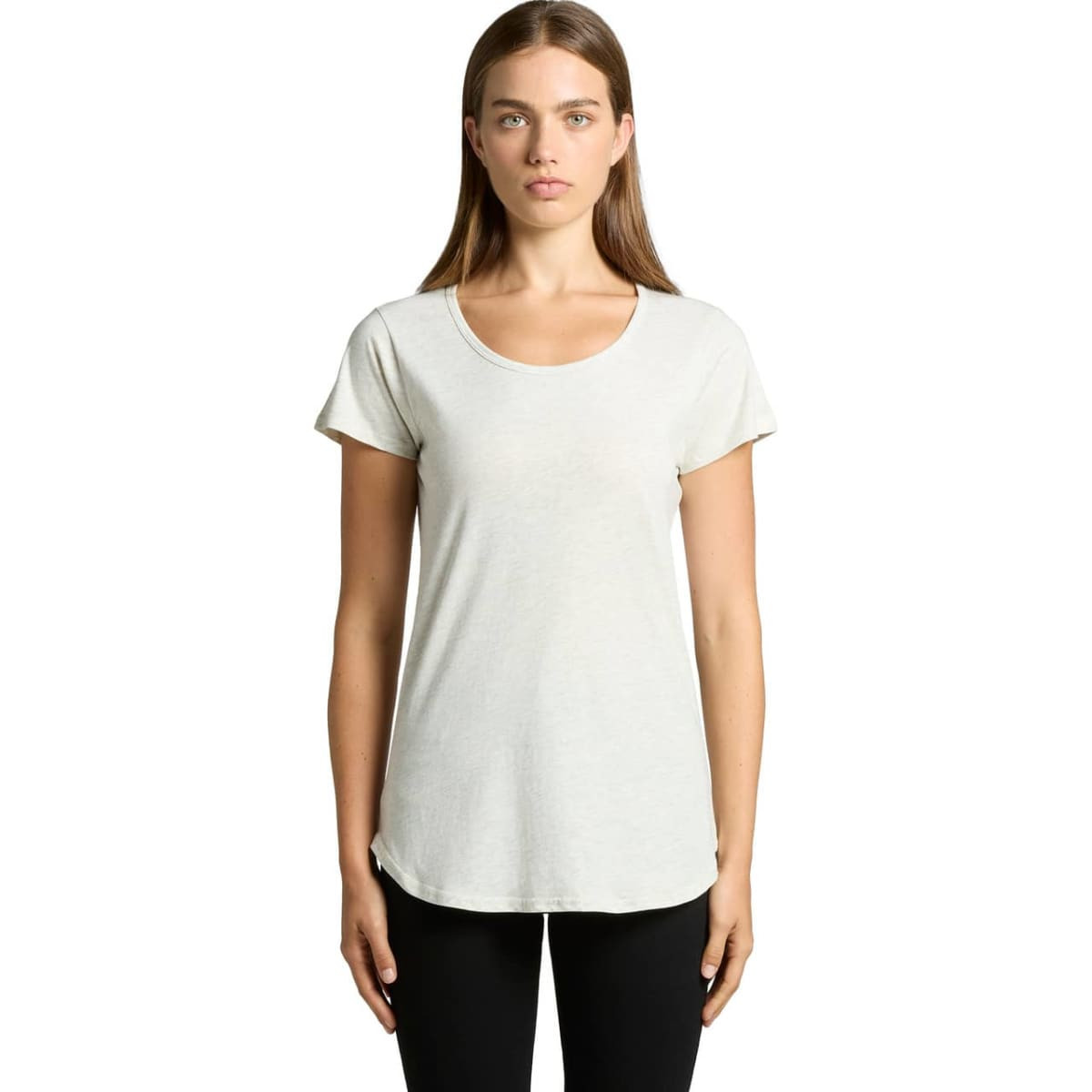 A light grey T-shirt with a scoop neckline and short sleeves, featuring a logo. The model stands facing the camera.