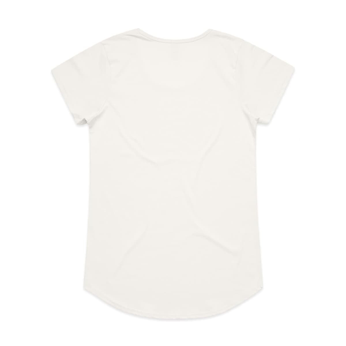 A plain white t-shirt with a rounded hem and short sleeves, featuring a logo on the back.
