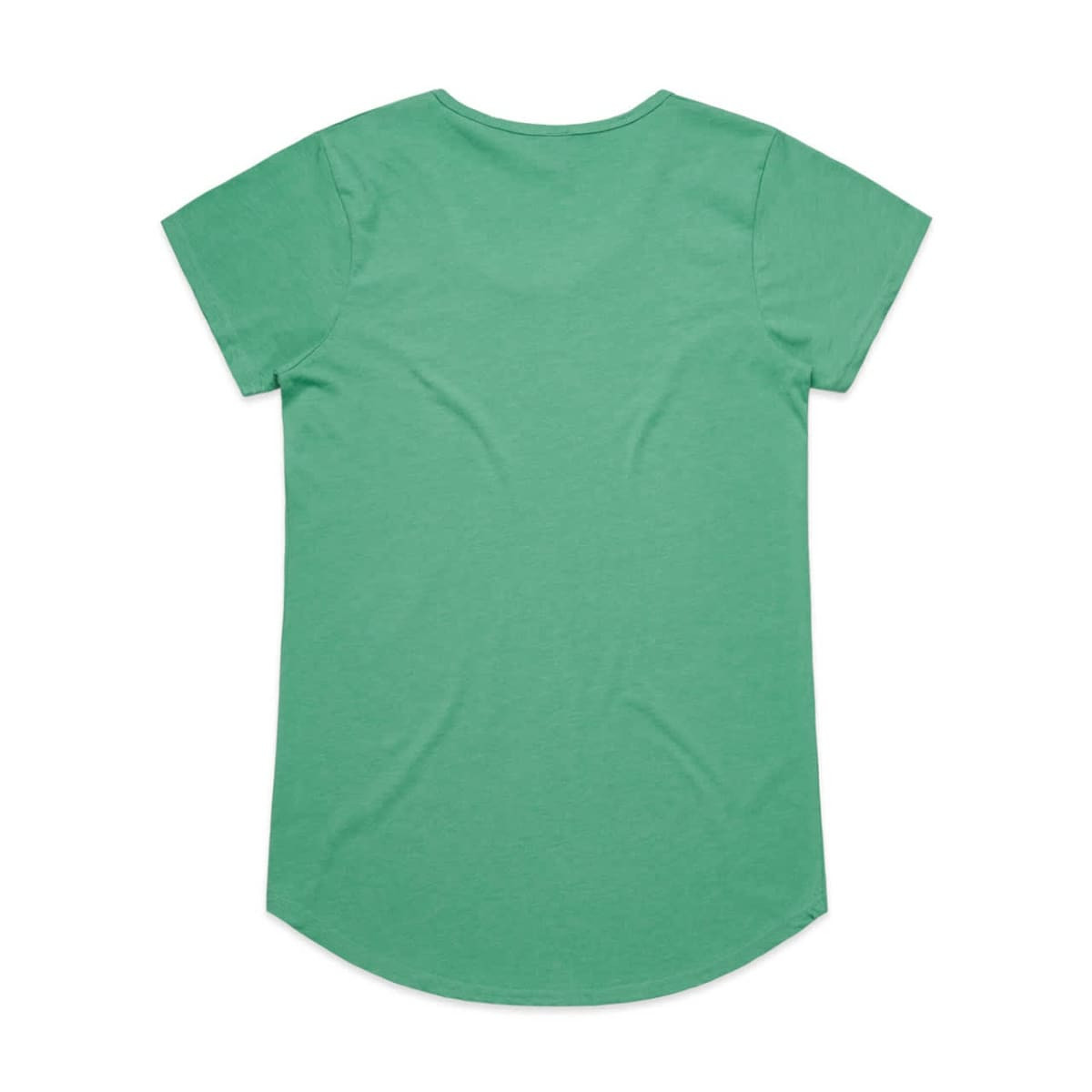 A green T-shirt with short sleeves and a rounded hem. The back is plain with a subtle texture.