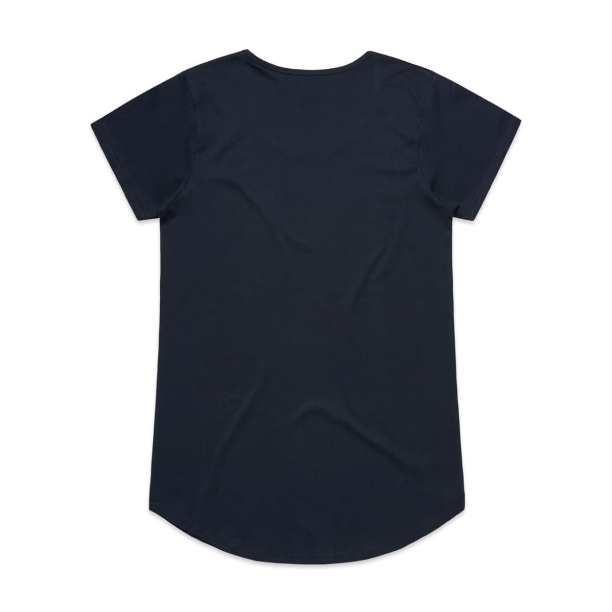 A dark navy blue T-shirt with short sleeves and a rounded hem, featuring a logo.