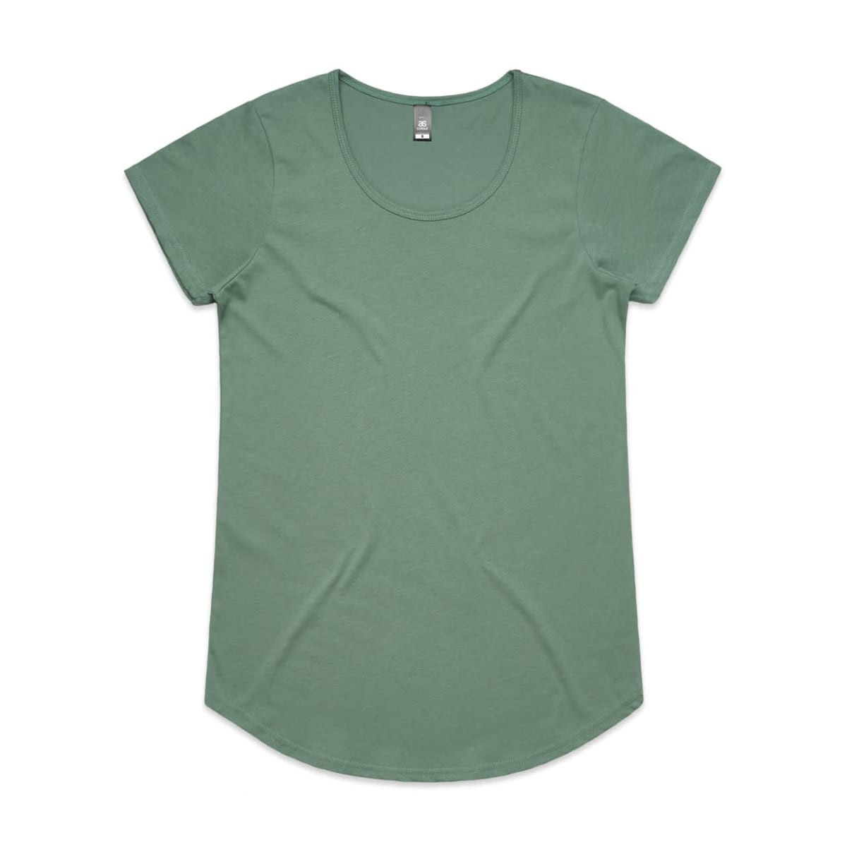 A green short-sleeved t-shirt with a scoop neckline and a curved hem. It has a logo on the label.