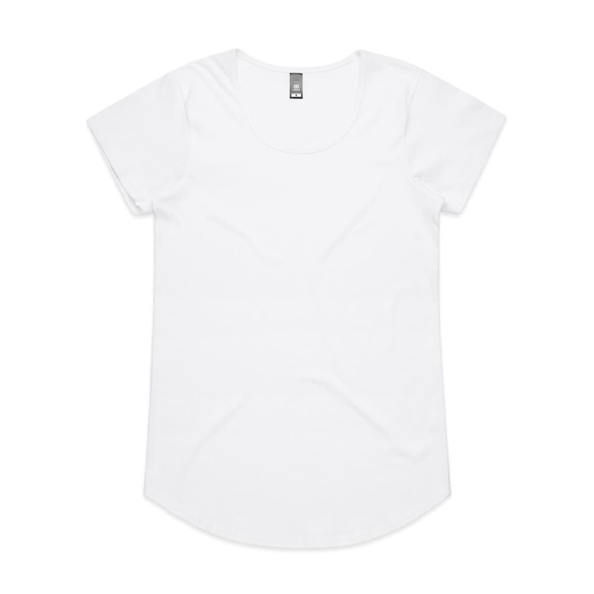 A white t-shirt with short sleeves and a rounded neckline. It features a small logo on the tag.