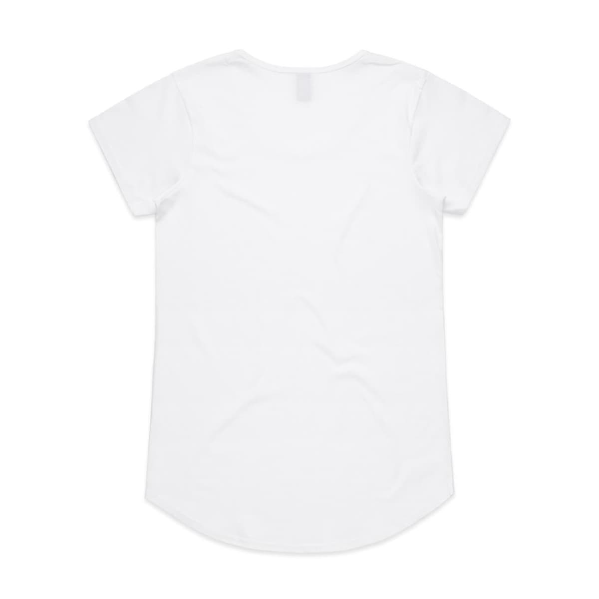 A white short-sleeved t-shirt with a rounded hem and a small logo on the back.
