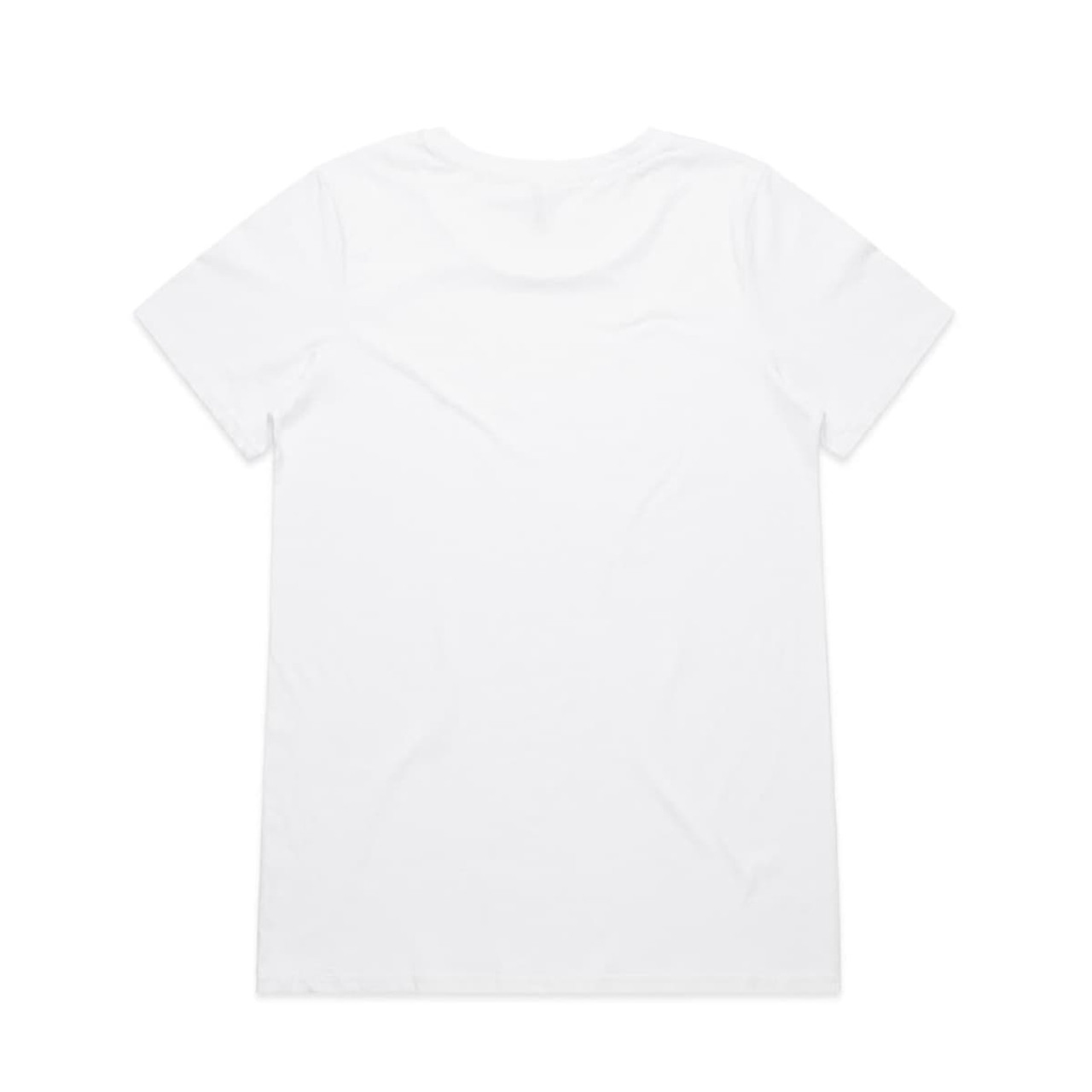 A plain white short-sleeve T-shirt featuring a smooth back design and a logo.