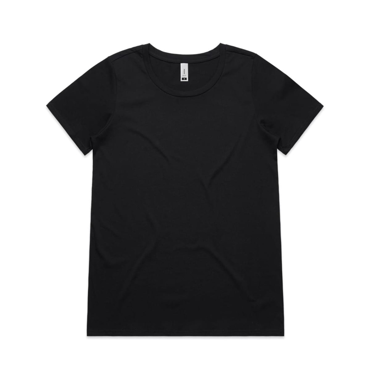 A black t-shirt with a round neckline and short sleeves, featuring a logo tag inside.