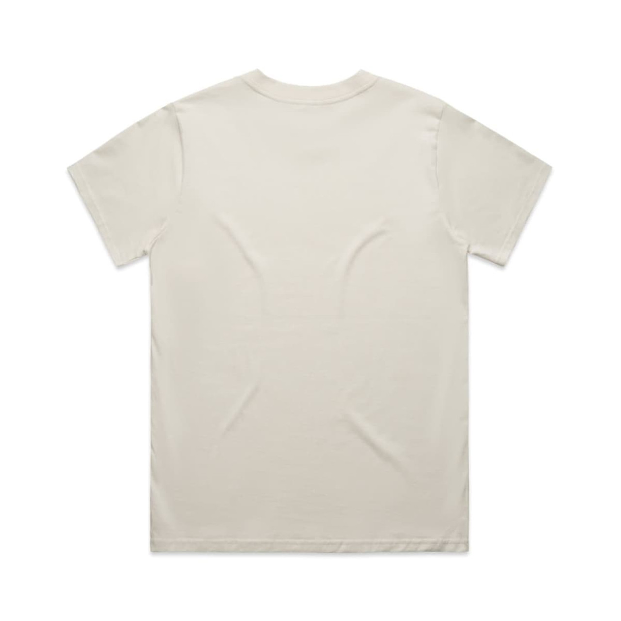 A light cream-coloured t-shirt with a classic design and short sleeves. It features a logo on the back.