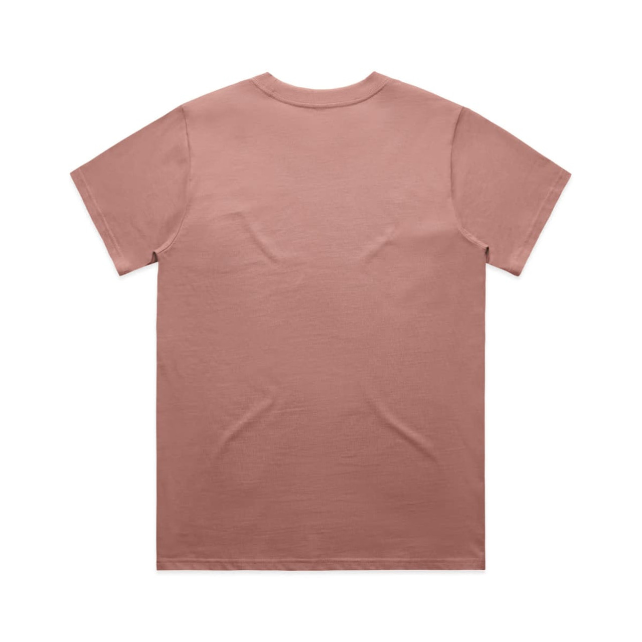 A plain, short-sleeved T-shirt in a muted pink hue, featuring a logo on the back.