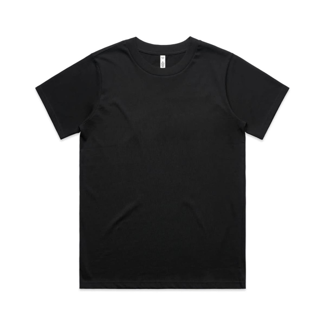 A black T-shirt with a classic fit, featuring a round neckline and short sleeves. It has a logo on the label.