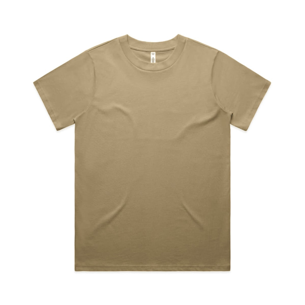 A plain khaki T-shirt featuring a crew neck and short sleeves, with a logo on the label.