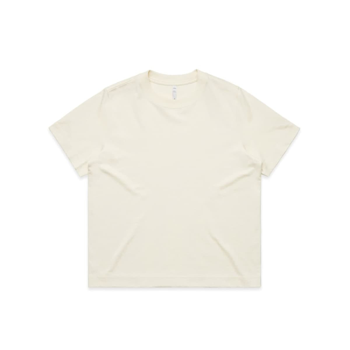 A plain beige T-shirt with a classic crew neckline and short sleeves. It features a small logo.