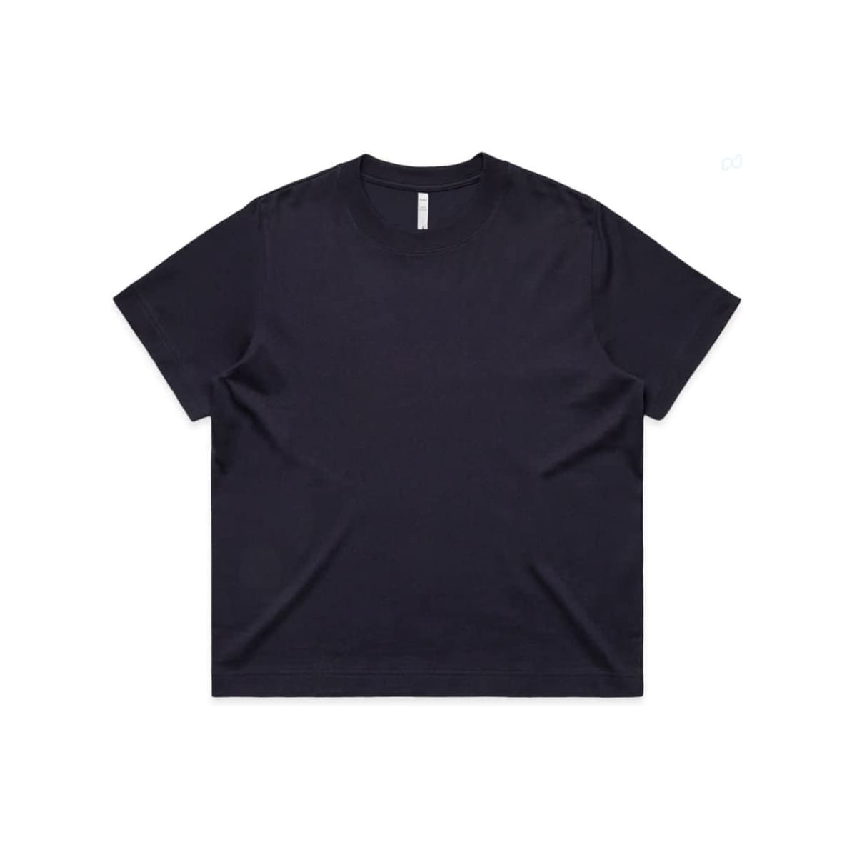 A navy blue box tee with a relaxed fit and short sleeves. The shirt features a simple design and has a logo.
