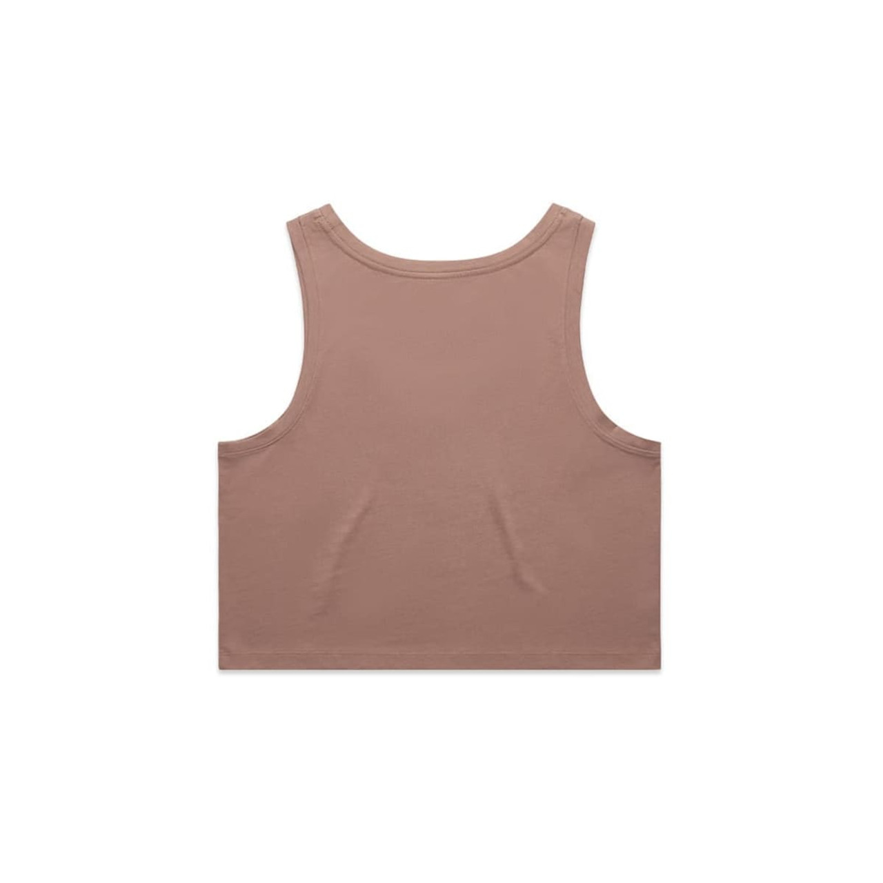 A plain, brown crop singlet with a sleeveless design and a simple back. It features a subtle branding logo.