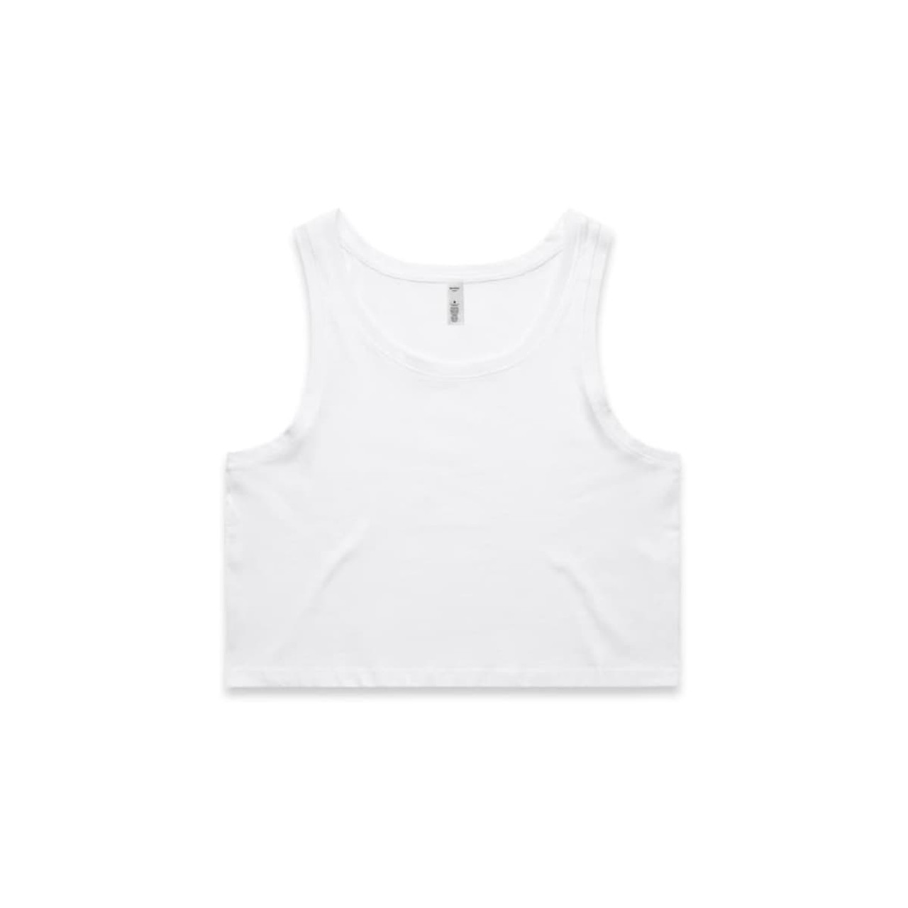 A white crop singlet featuring a round neckline and a logo. Suitable for casual wear or layering.