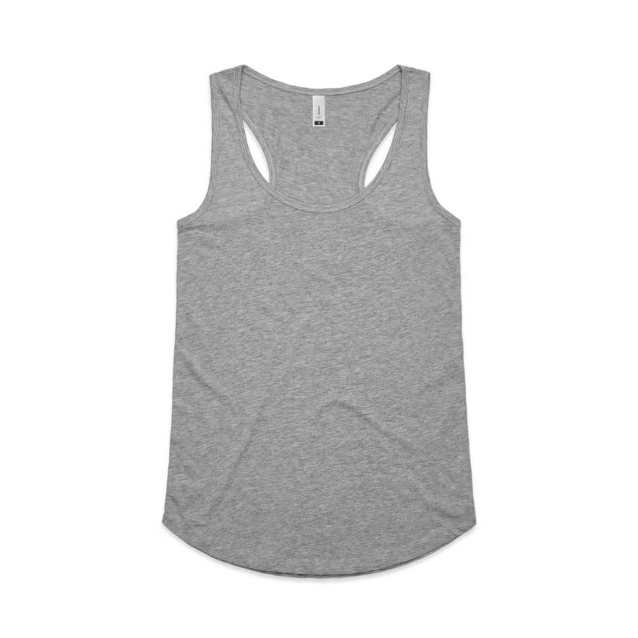 A grey racerback singlet with a rounded hem and a logo on the label.