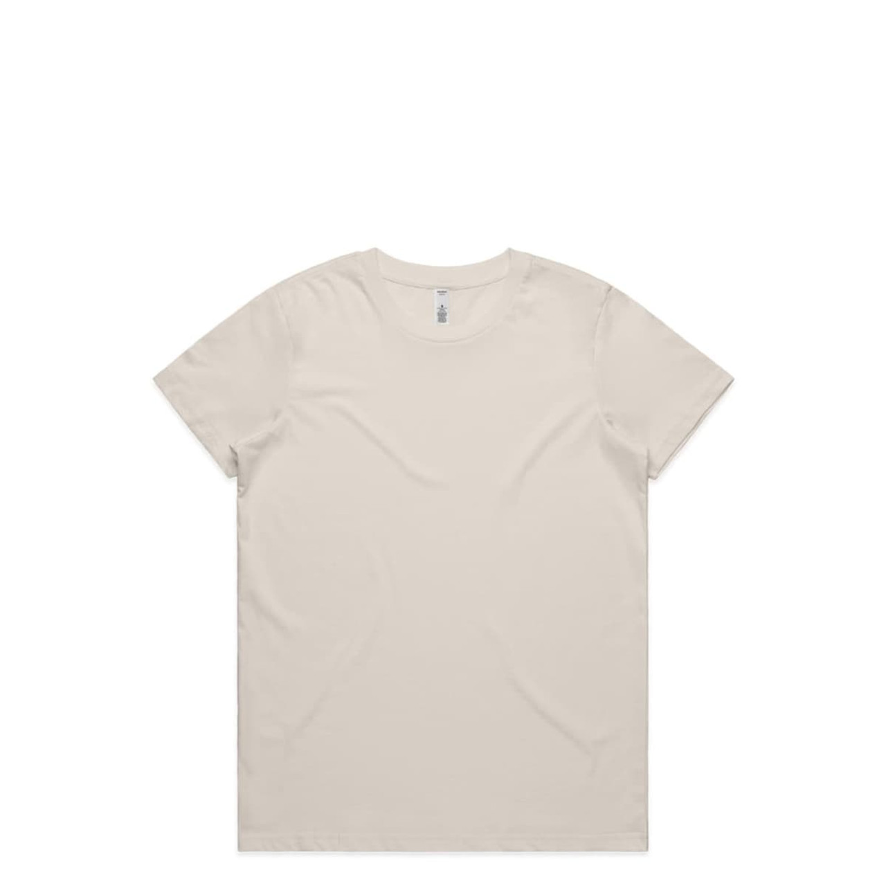 A plain beige t-shirt with a crew neck and short sleeves. It features a small logo on the inside tag.