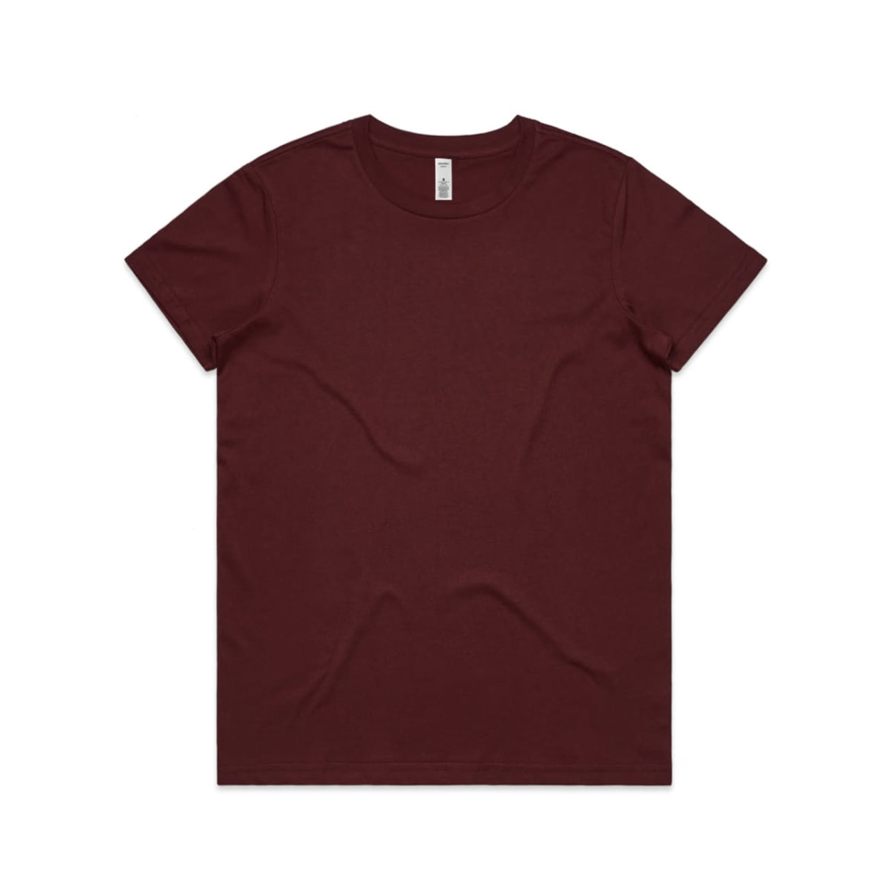 A maroon t-shirt with a classic crew neck and short sleeves, featuring a label and no visible logos.