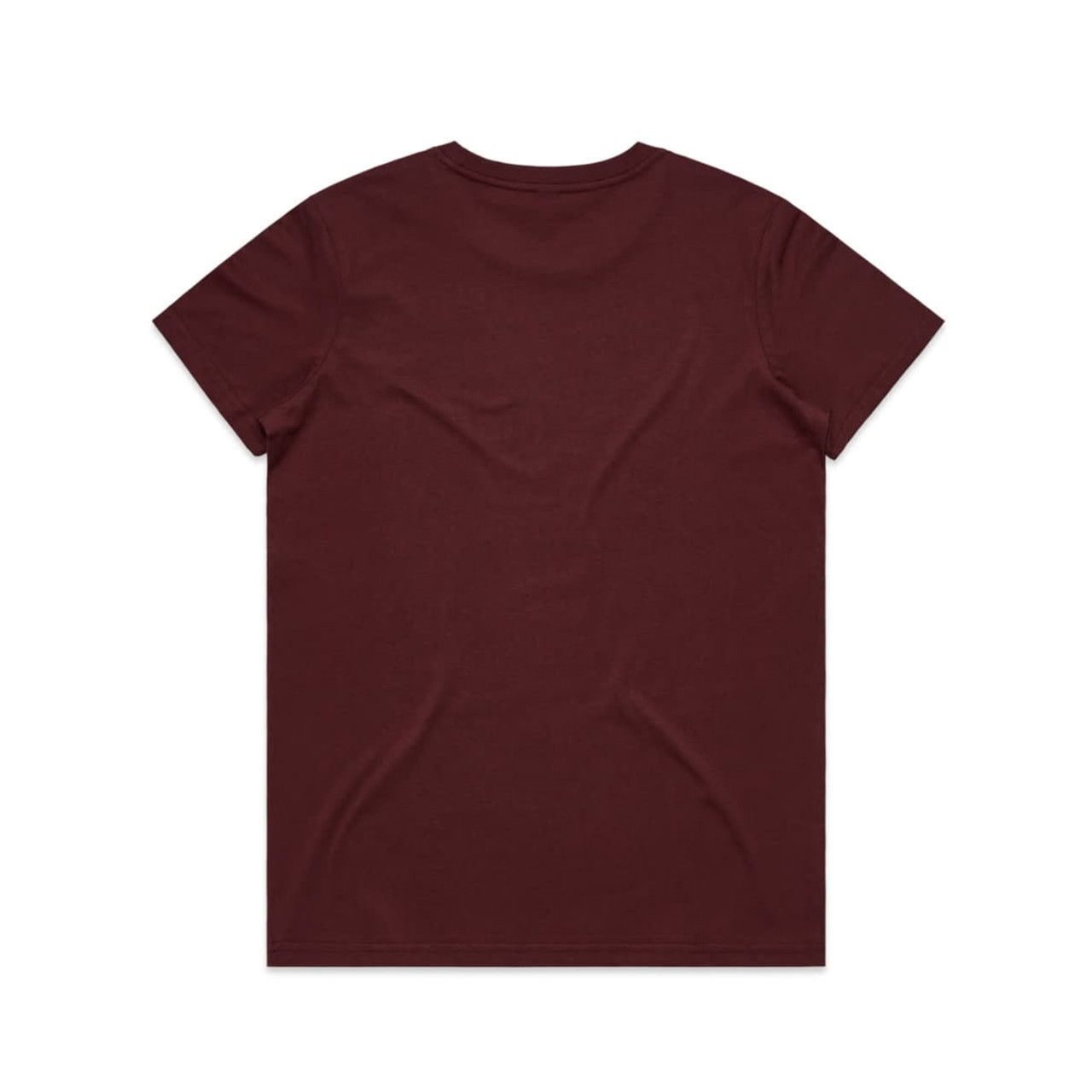 A maroon T-shirt is displayed, featuring a plain back view and a simple design. It has a logo.