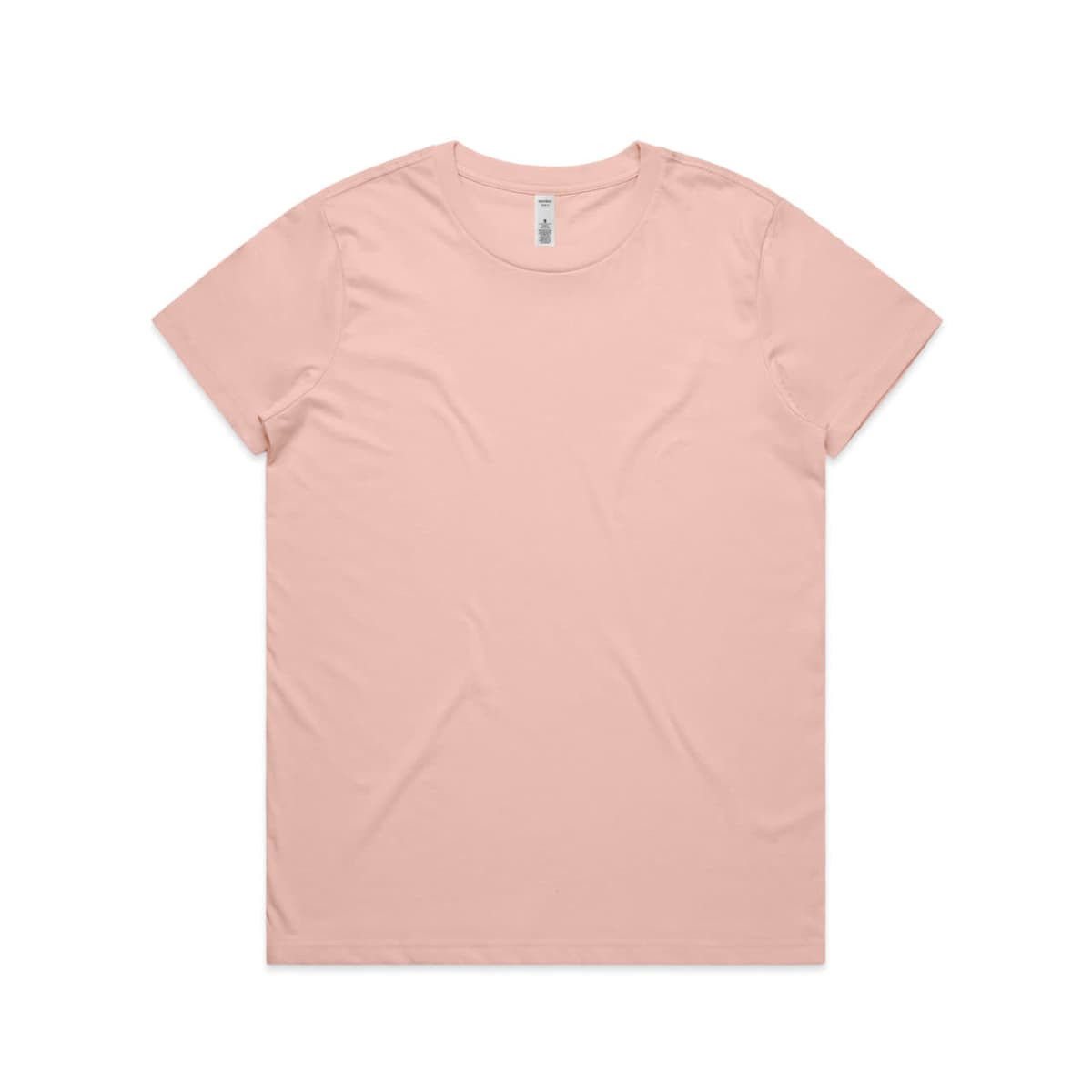 A short-sleeved t-shirt in a soft pink colour, featuring a simple design and a branded label.