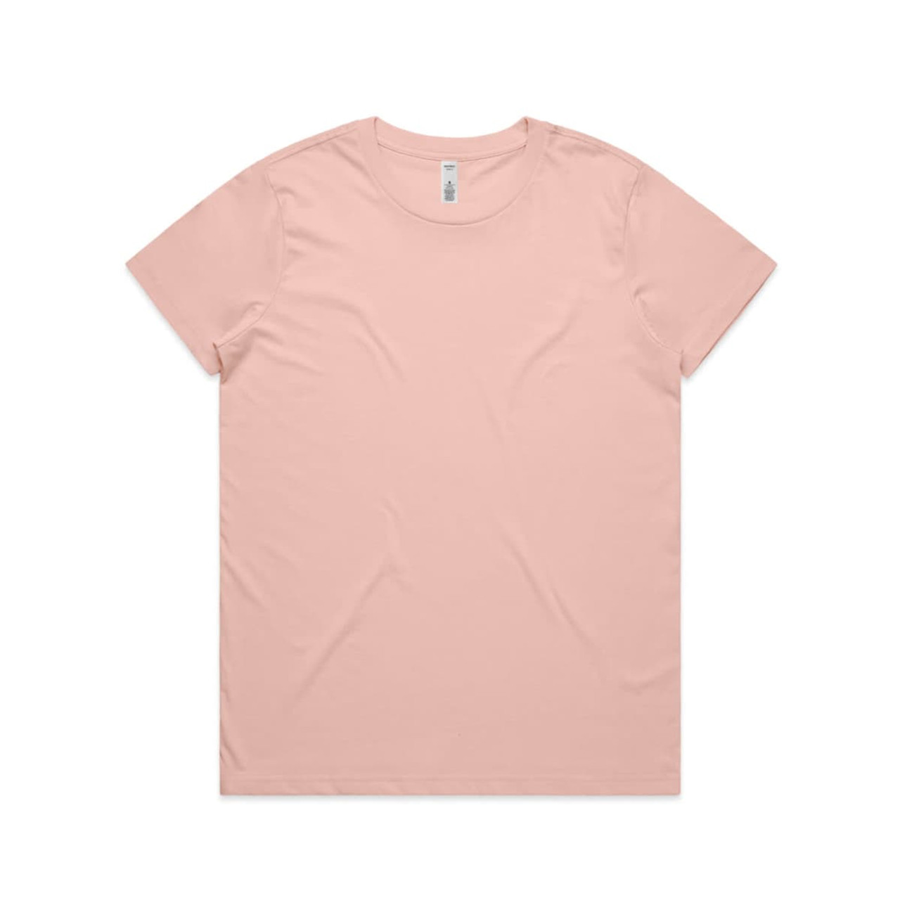 A short-sleeved t-shirt in a soft pink colour, featuring a simple design and a branded label.