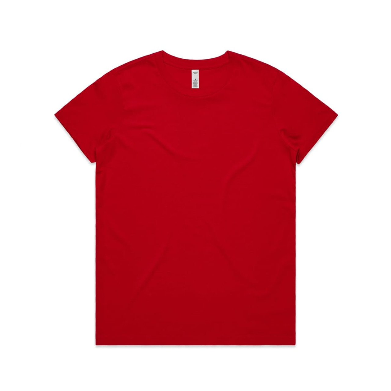 A red T-shirt with a simple design, featuring a logo on the label.