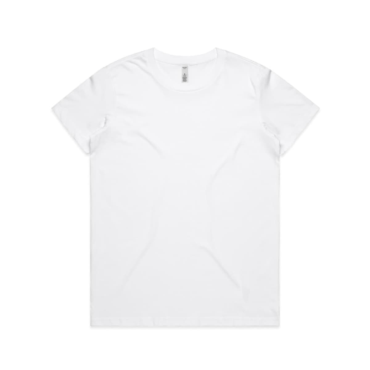 A plain white t-shirt with a crew neckline and short sleeves, featuring a small logo on the label.