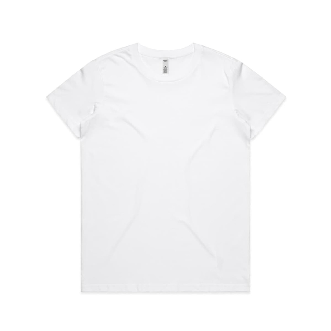A plain white t-shirt with a crew neckline and short sleeves, featuring a small logo on the label.