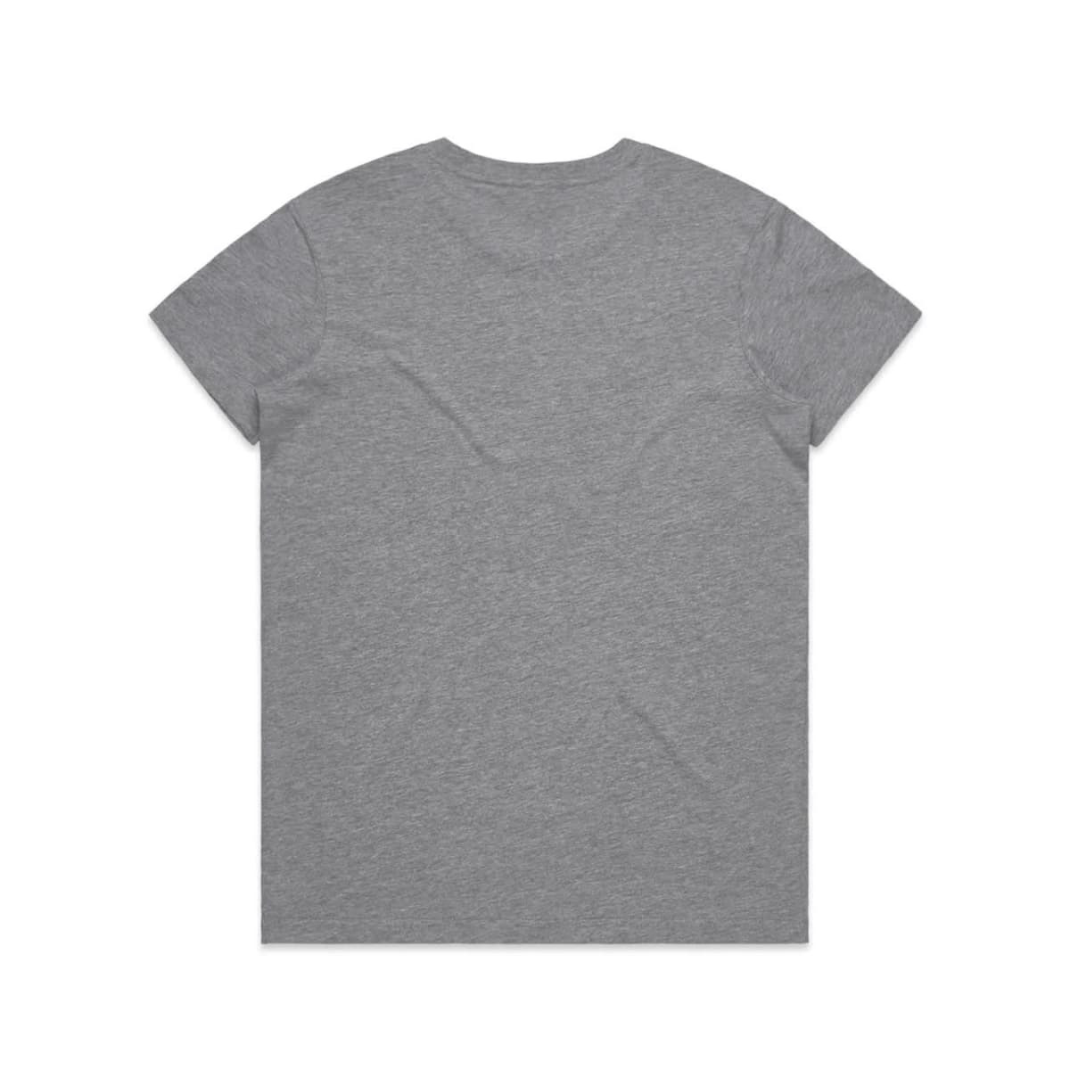 A grey T-shirt with a crew neck and short sleeves, featuring a plain back design.