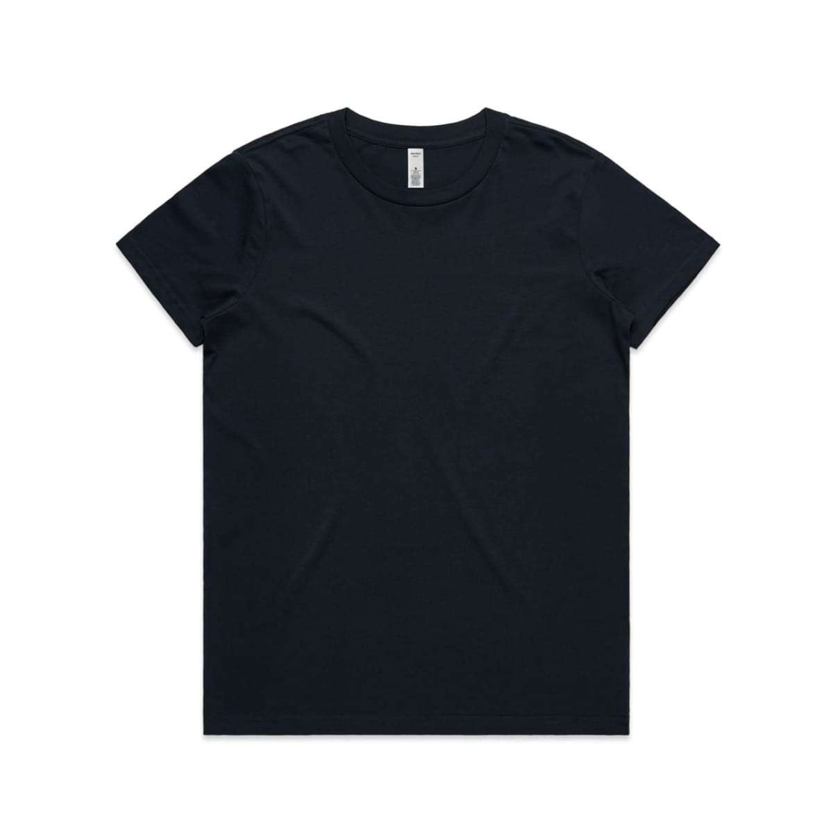 A black basic t-shirt featuring a round neck and short sleeves, with a logo on the label.