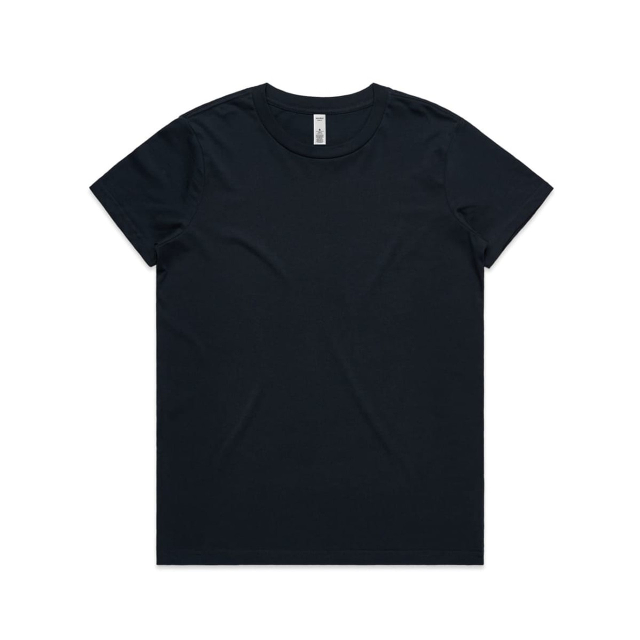 A black basic t-shirt featuring a round neck and short sleeves, with a logo on the label.