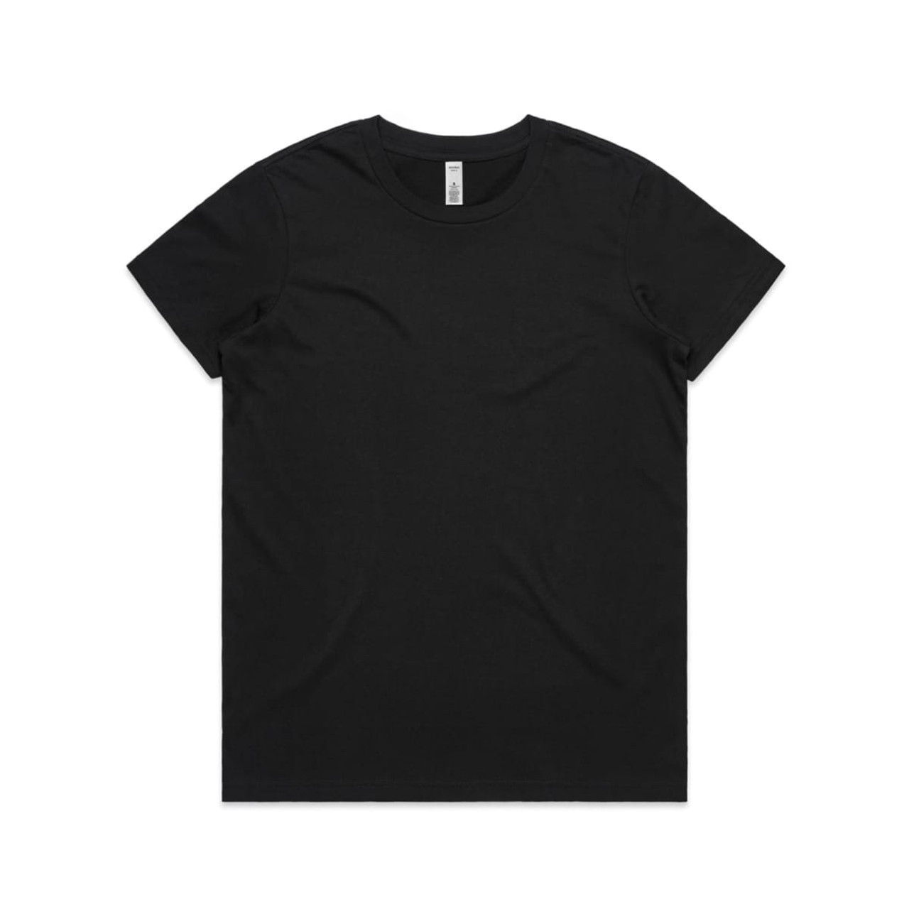 A black t-shirt with a crew neck, featuring a label on the inside. No visible logos or designs.