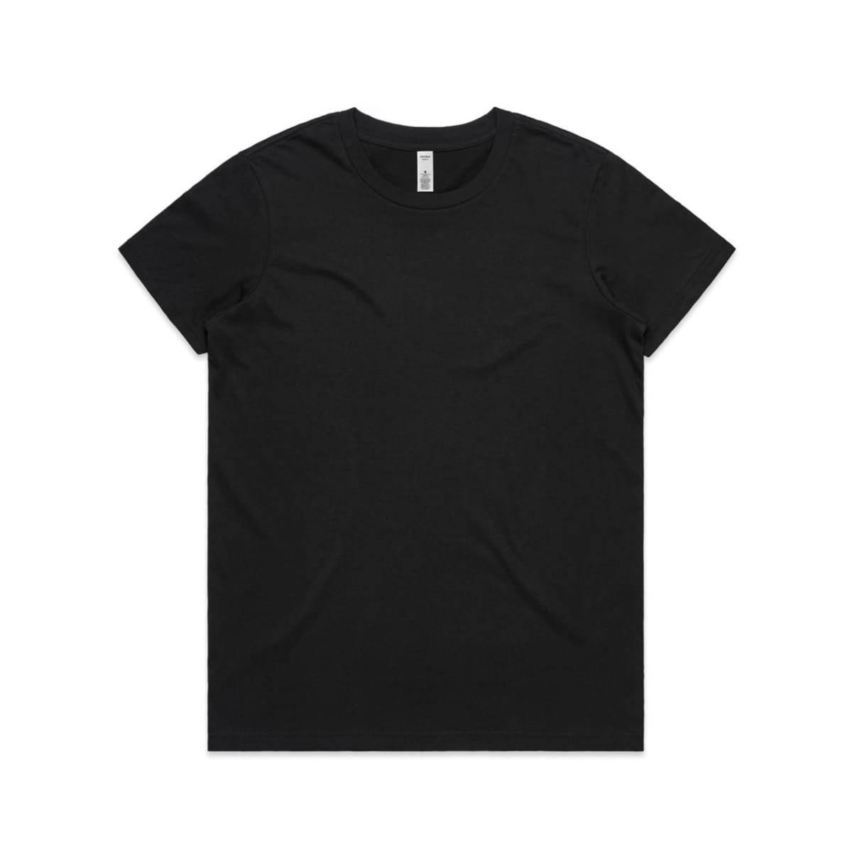 A black t-shirt with a crew neck, featuring a label on the inside. No visible logos or designs.
