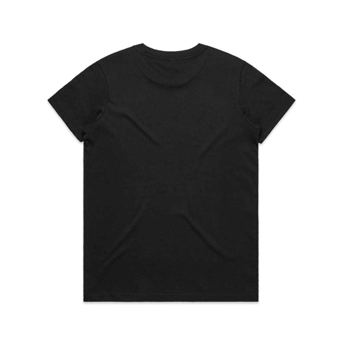 A black t-shirt with a crew neckline and short sleeves, featuring a logo on the back.