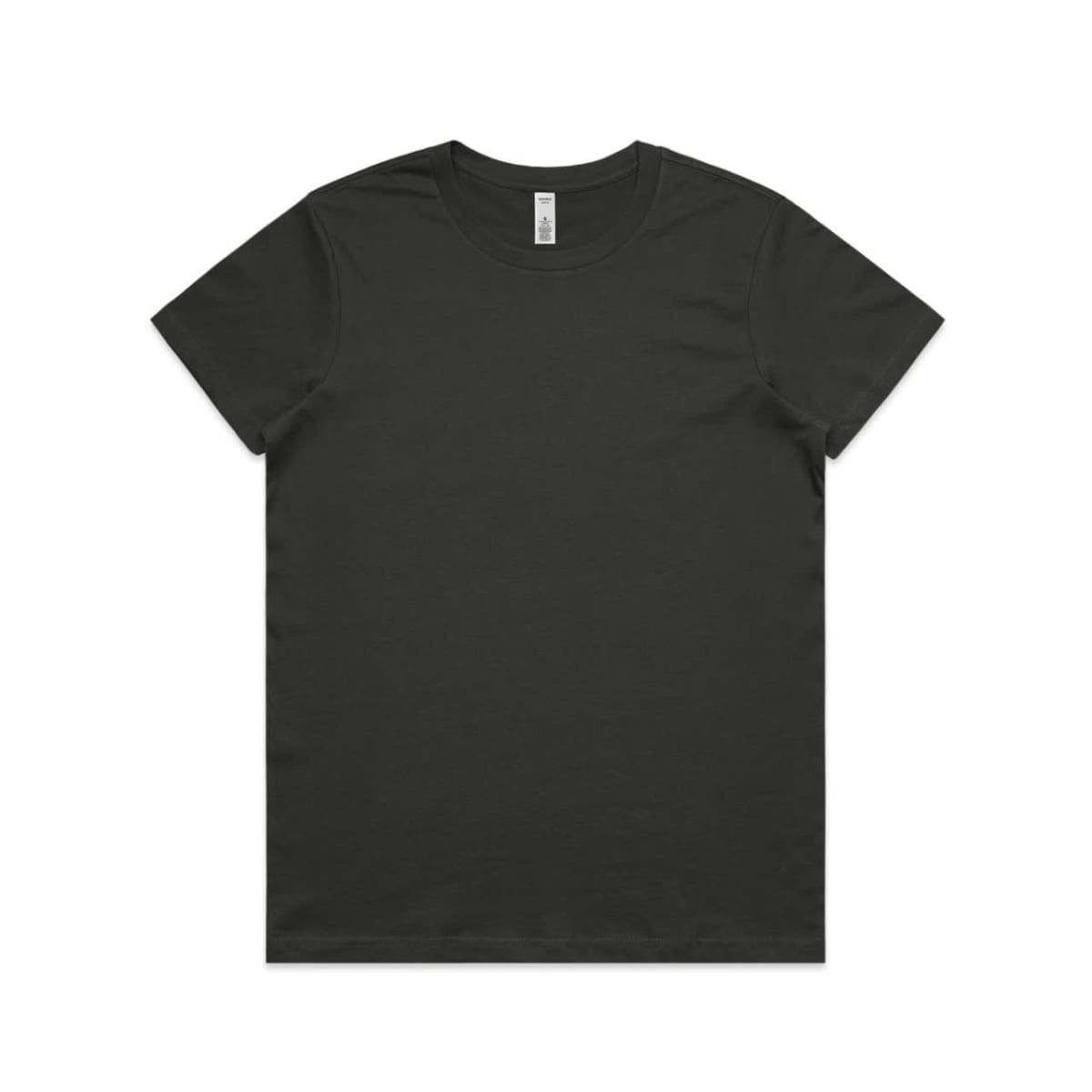 A black t-shirt featuring a simple design and a label at the neckline. It has a crew neck and short sleeves.