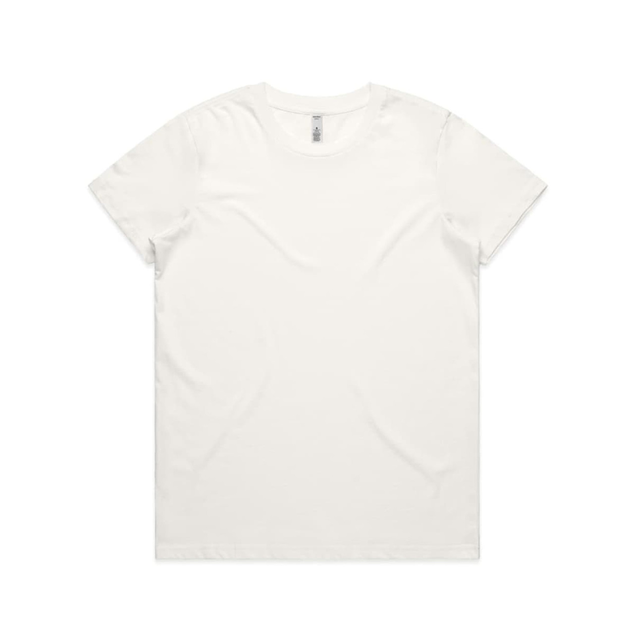 A plain white t-shirt, featuring a crew neck and short sleeves, with a logo on the inside label.