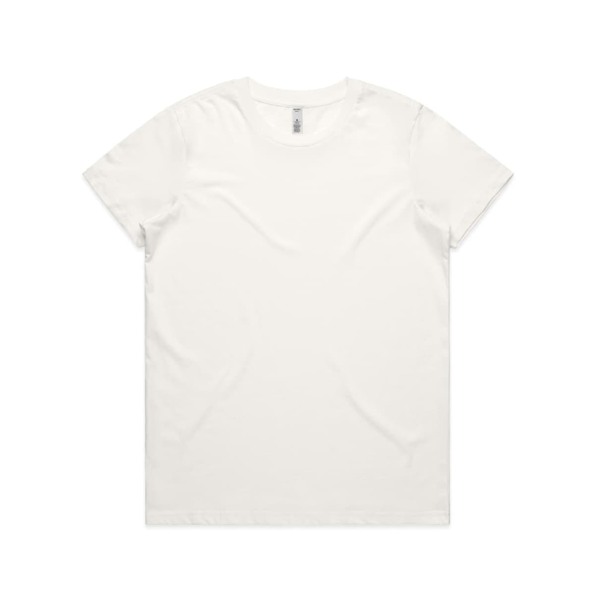 A plain white t-shirt, featuring a crew neck and short sleeves, with a logo on the inside label.