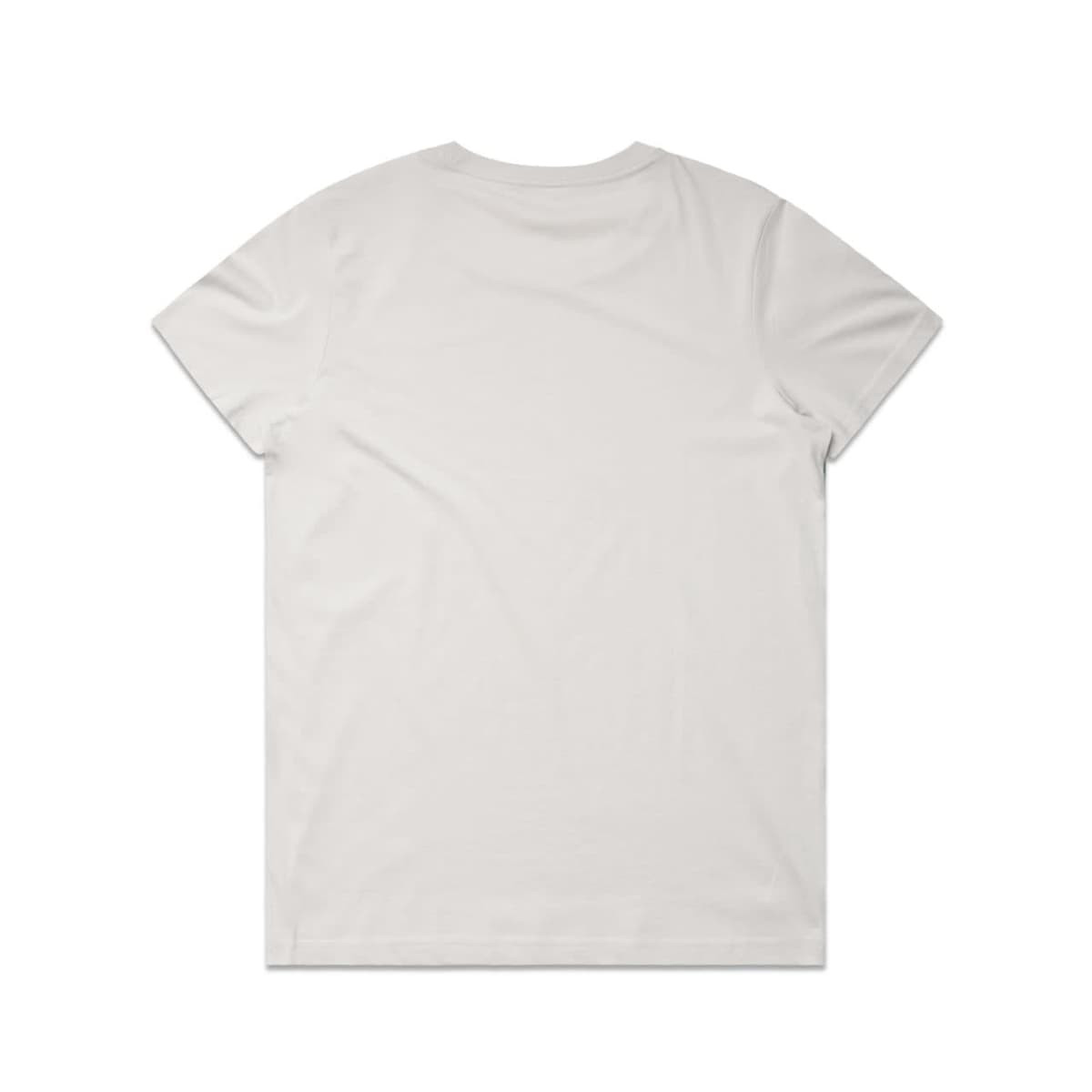 A plain white t-shirt featuring a crew neck and short sleeves, with a logo on the back.