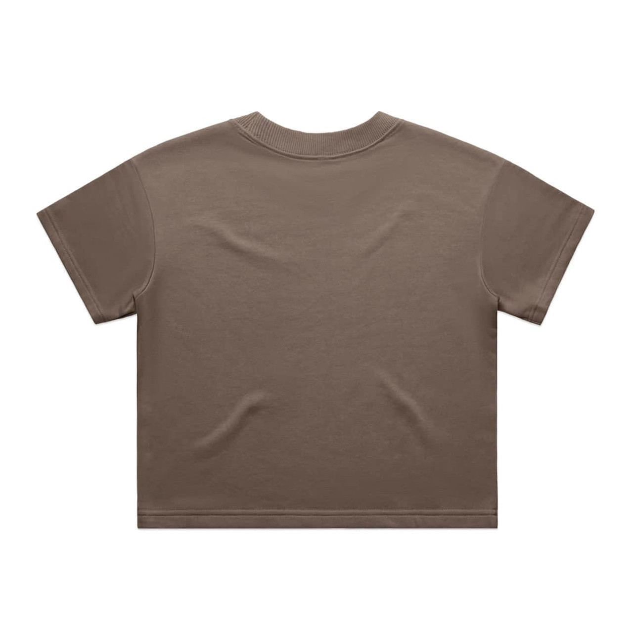 A khaki t-shirt featuring a simple design with a circular neckline and short sleeves. It has a logo on it.