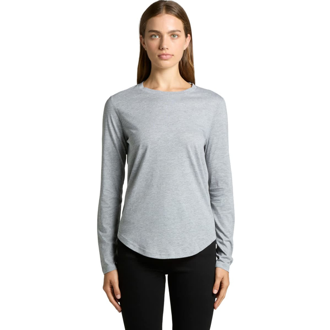A light grey long-sleeve T-shirt with a rounded hem, modelled by a woman. Features branding.