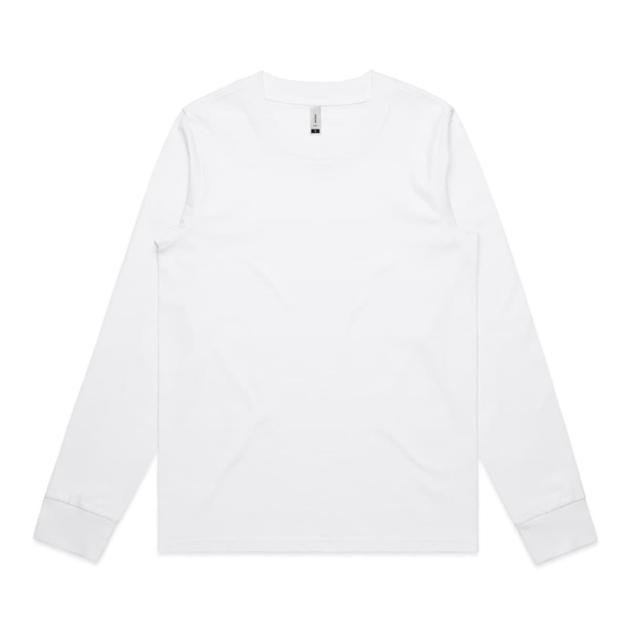A long-sleeve white T-shirt featuring a logo. The shirt has a classic crew neck design.