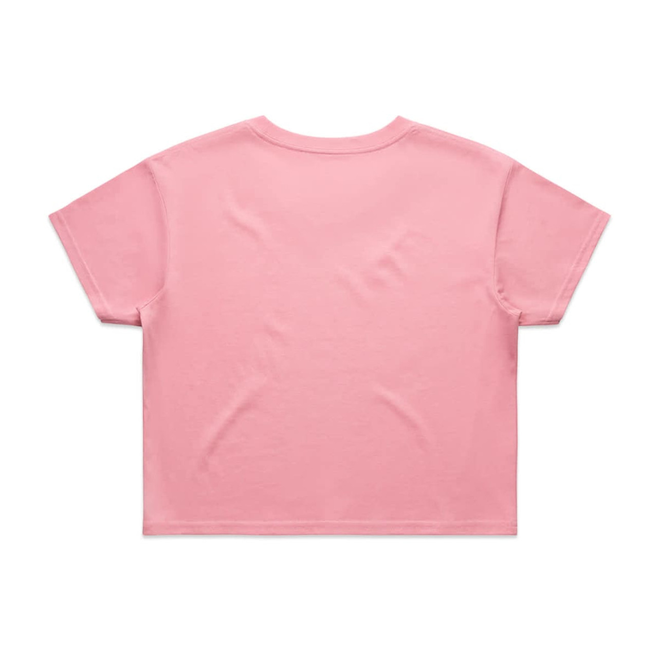 A pink crop tee with short sleeves and a plain back, featuring a logo.