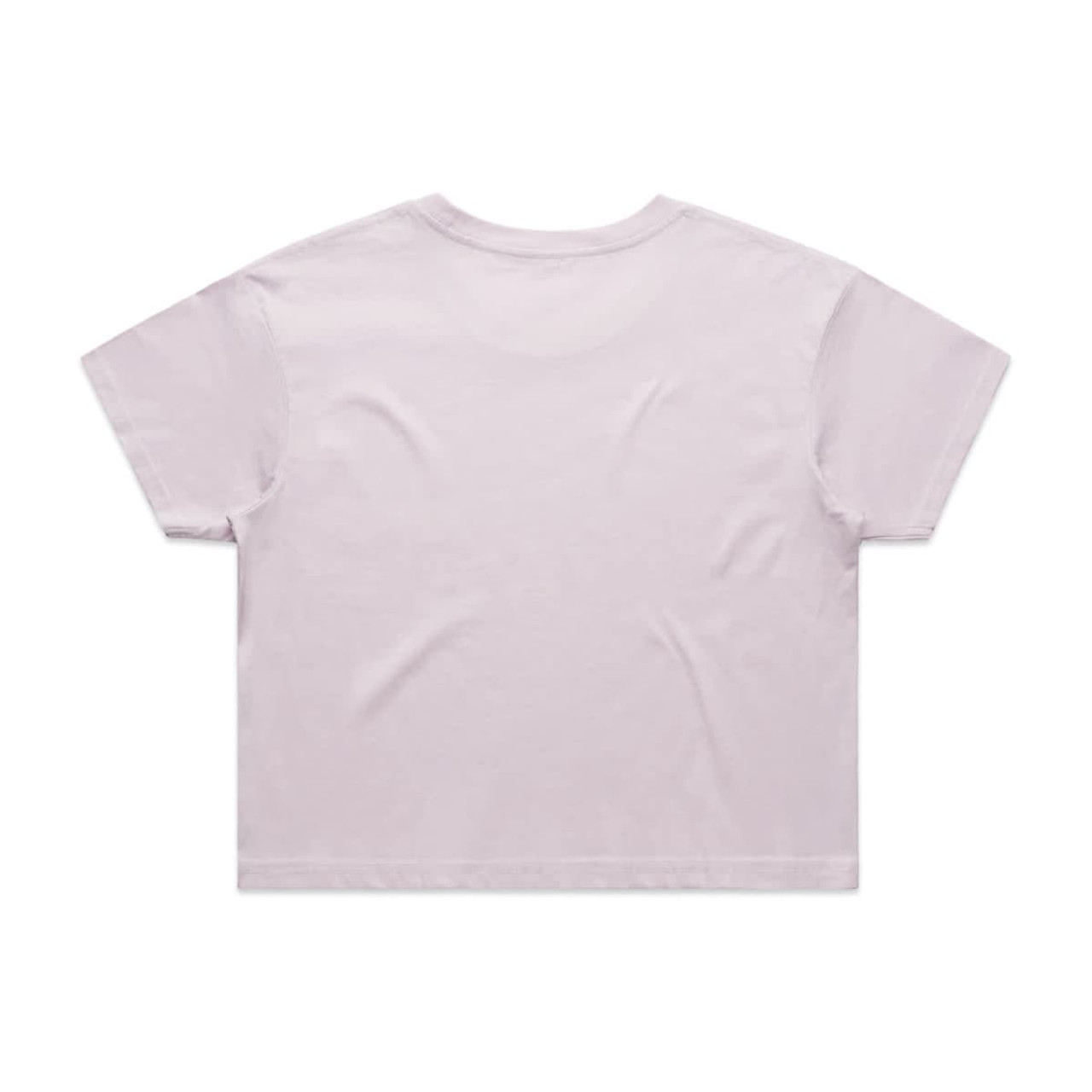 A light pink crop tee with short sleeves and a plain back, featuring a logo.