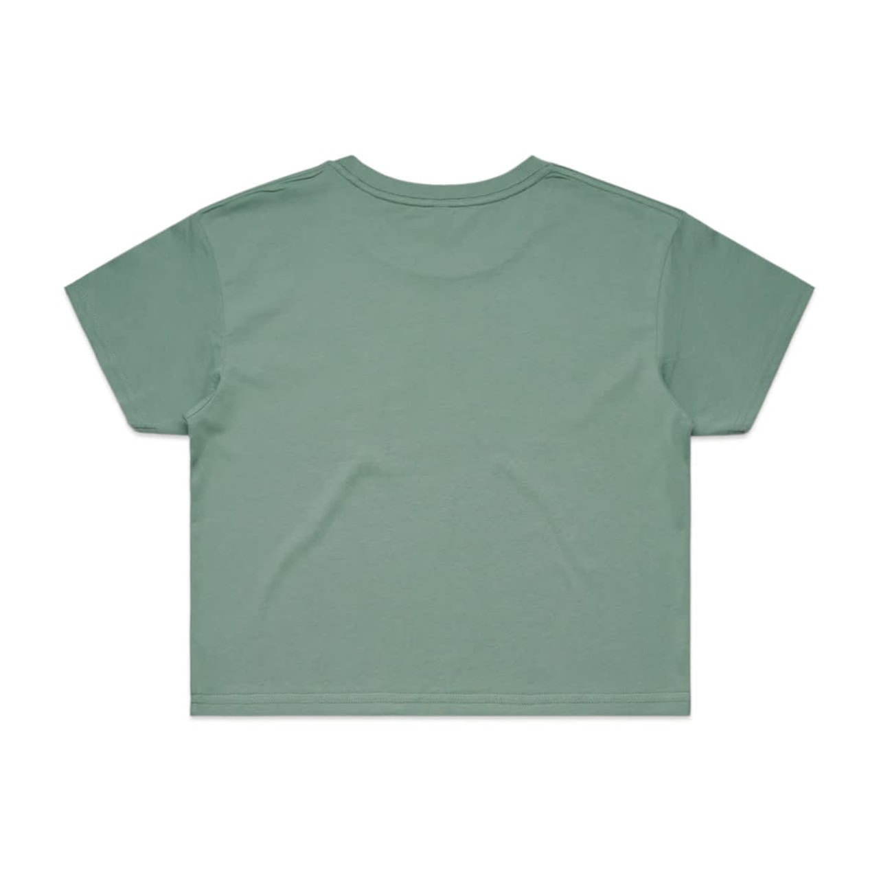 A mint green crop tee with a relaxed fit and a simple design, featuring a logo on the back.