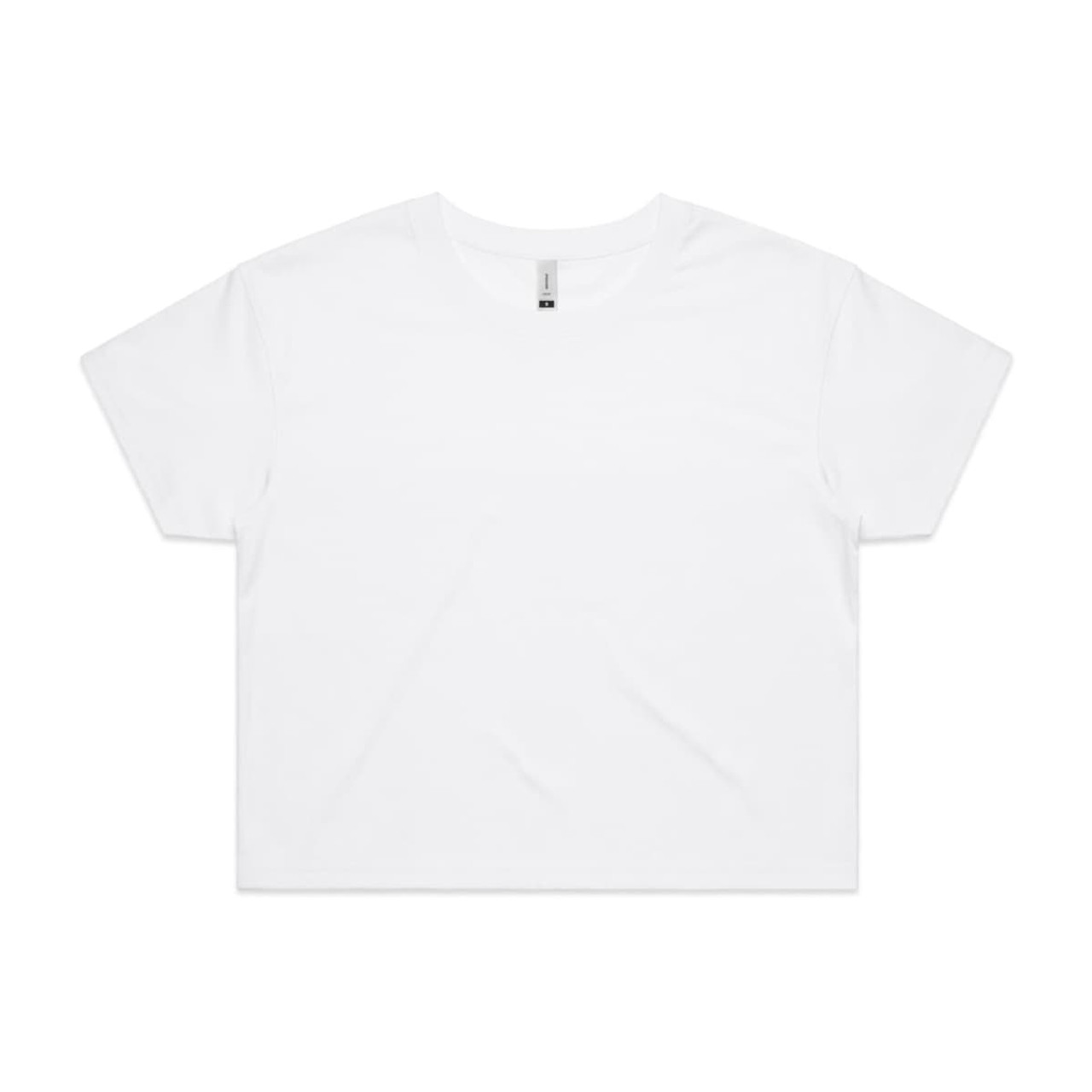 A white crop tee with a round neck and short sleeves, featuring one logo.