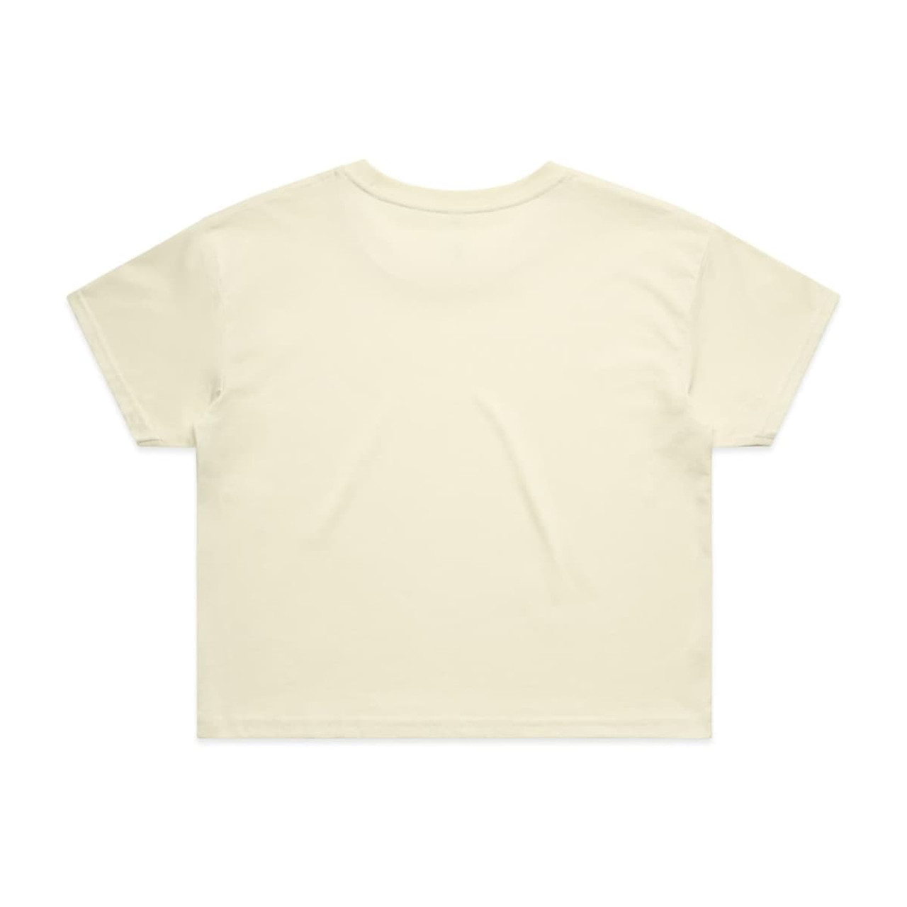 A light cream crop t-shirt featuring a simple design and relaxed fit, with a logo on the back.